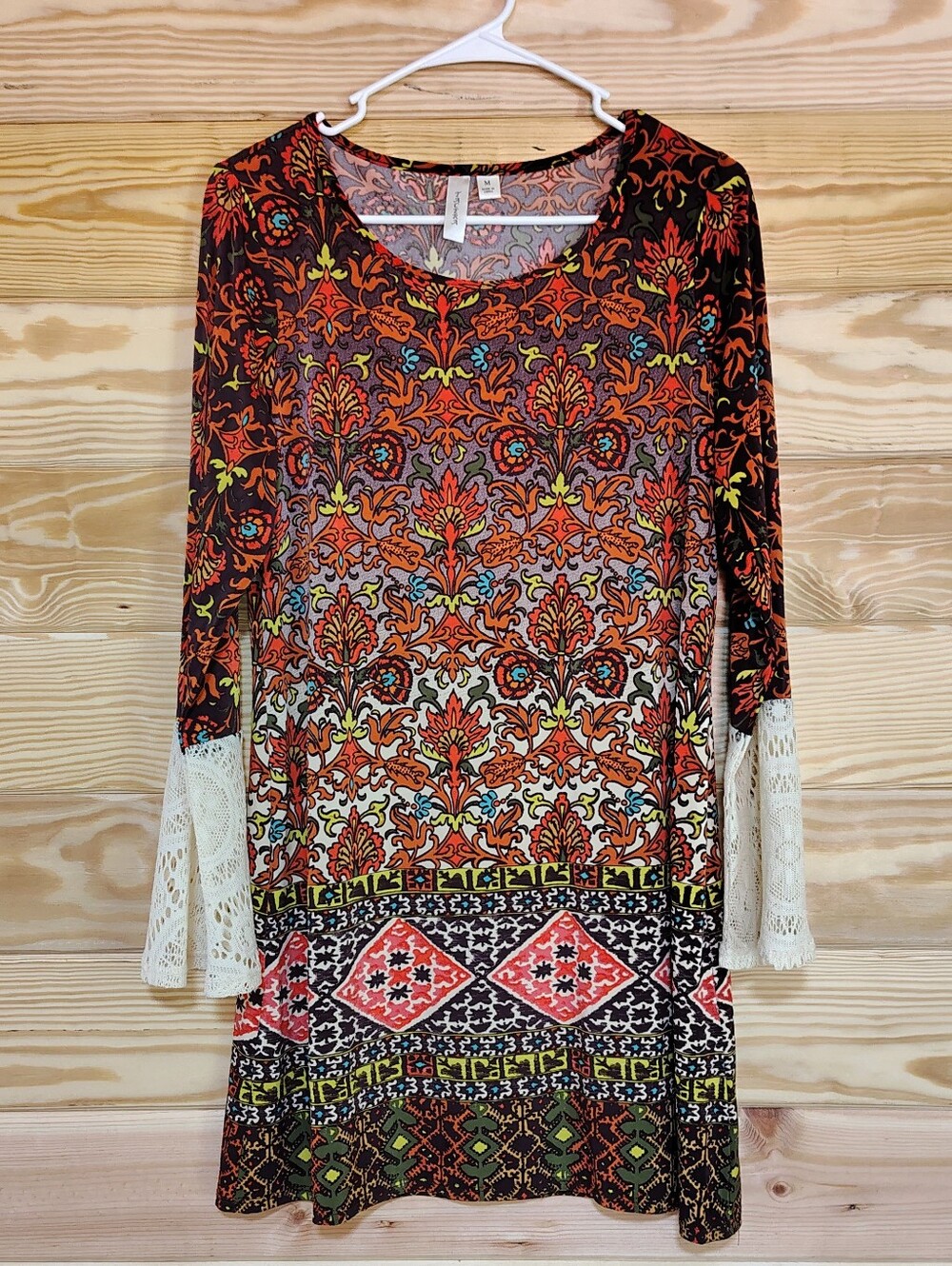Tacera Orange Multicolor Boho Dress Floral Paisley Lace Cuff Long Sleeve Popover